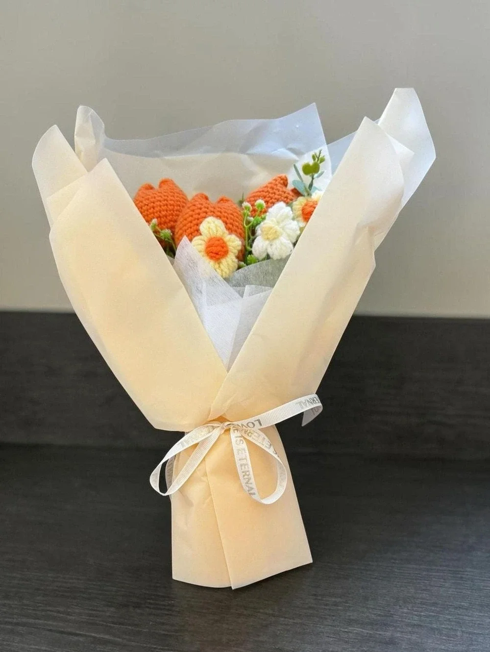 Fake Tulip Bouquet, Cream Tissue Wrapped, Non Wilting Flowers, Crochet Home